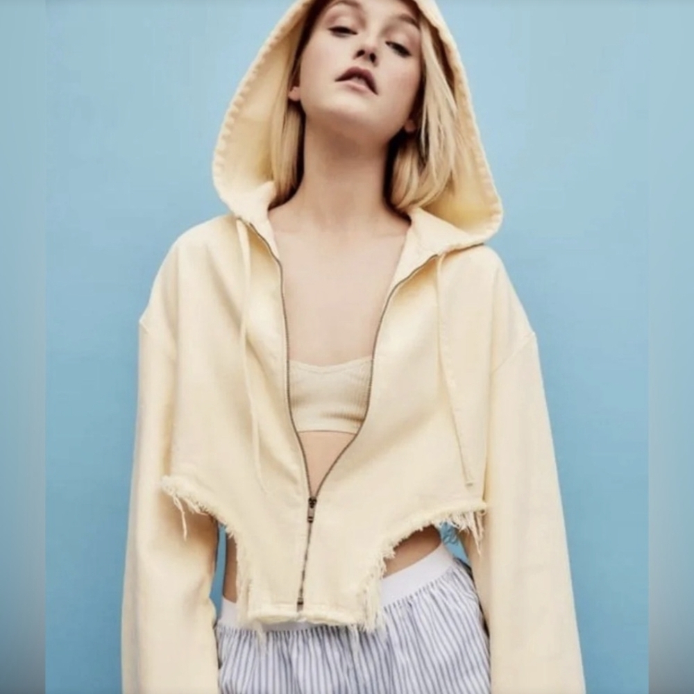 ZARA Cropped Full Zip Pale Yellow Denim Hooded Jacket Sz L